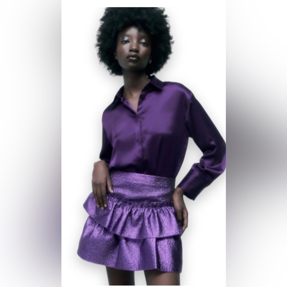 Zara Purple Metallic Ruffle Tiered High‎ Waist Textured Skort size small new